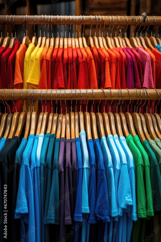 A rack of colorful shirts hanging on a clothes rack. This image can be used to showcase a variety of clothing options or to represent a vibrant and diverse wardrobe.