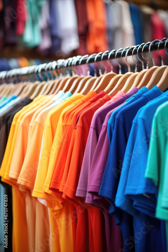 A row of colorful shirts hanging on a rack. This image can be used for fashion, clothing, or retail-related projects.