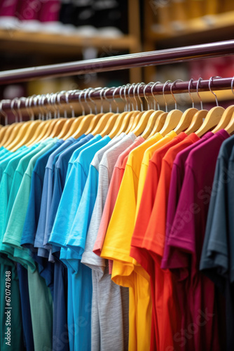 A row of colorful shirts hanging on a rack. This versatile image can be used for fashion, retail, or laundry-related themes.