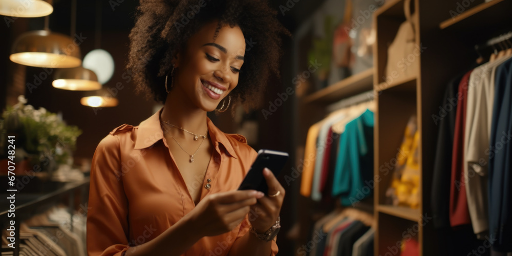 A woman is seen looking at her cell phone while inside a clothing store. This image can be used to depict modern technology usage in retail environments.