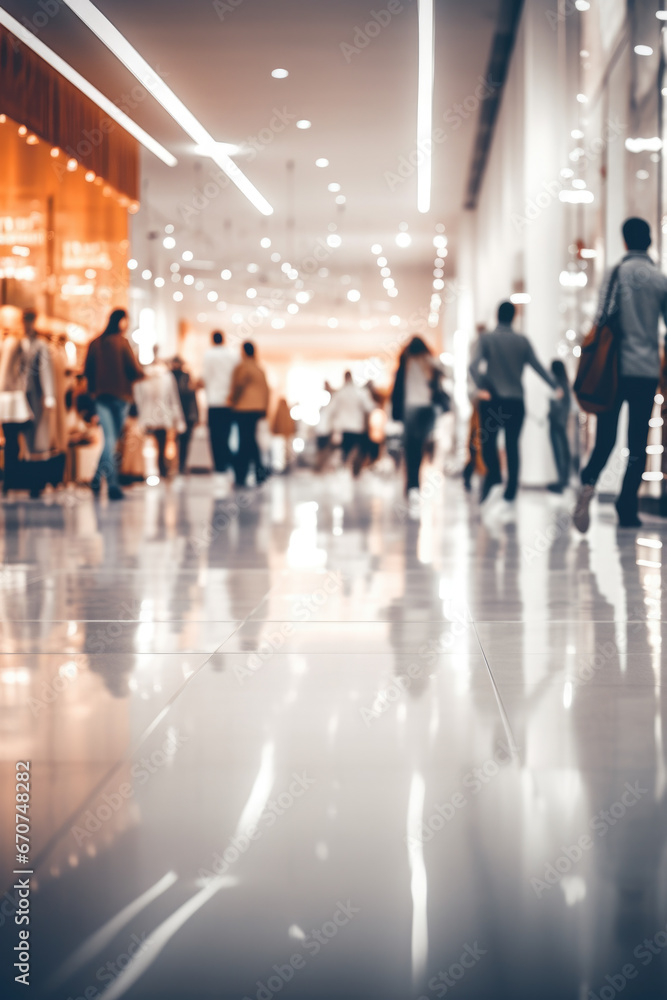 A group of people walking through a shopping mall. Can be used to depict a busy shopping scene or to illustrate consumerism and modern lifestyle.