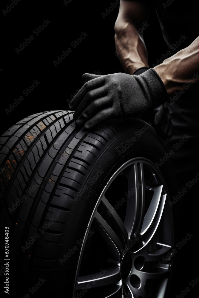 Obraz premium A man is seen holding a tire on a black background. This image can be used to illustrate concepts related to transportation, car maintenance, or a flat tire situation