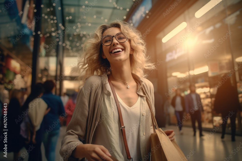 A woman is captured in a moment of laughter while holding a shopping bag. This image can be used to depict joy, retail therapy, or a successful shopping trip