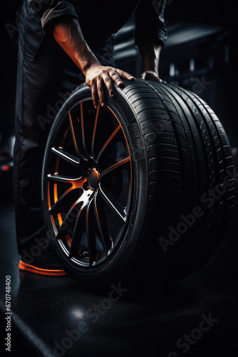 A person is seen holding a tire on a black surface. This image can be used to depict concepts such as car maintenance, tire changing, or automotive repair