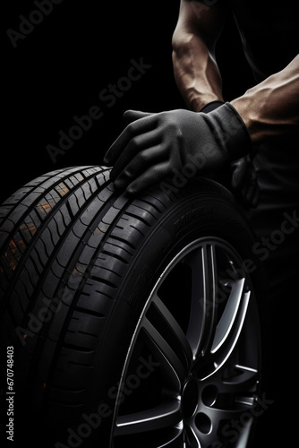 A man is seen holding a tire on a black background. This image can be used to illustrate concepts related to transportation, car maintenance, or a flat tire situation © Fotograf