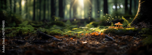 Low angle view of the forest floor with green shoots and mushrooms with sun rays breaking through the canopy 