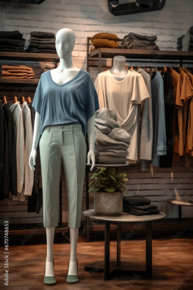 A mannequin stands in front of a display of clothing. This image can be used to showcase fashion trends or as a visual representation of a clothing store A mannequin stands in front of a display of clothing. This image can be used to showcase fashion trends or as a visual representation of a clothing store