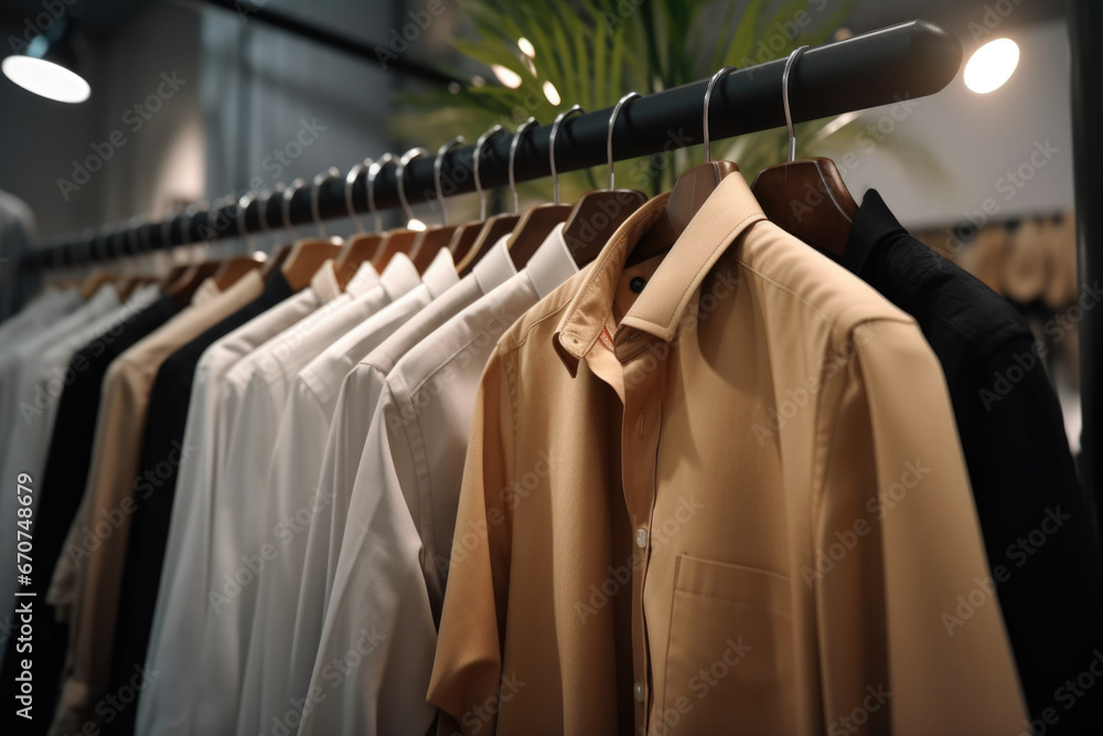 A row of shirts hanging on a rail. This versatile image can be used to depict fashion, clothing retail, laundry services, or organization - obrazy, fototapety, plakaty 