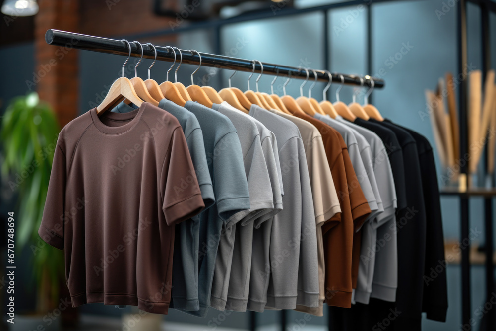 Fototapeta premium A row of shirts hanging on a rack. This picture can be used for clothing store advertisements or to showcase different shirt styles and colors.