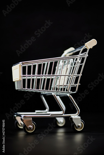 A small shopping cart placed on a sleek black surface. Perfect for illustrating online shopping, consumerism, or retail concepts. Can be used for website banners, blog posts, or marketing materials