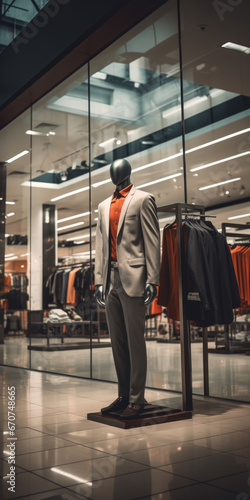 A mannequin dressed in a suit and tie is displayed in a clothing store. This image can be used to showcase men's formal wear or for advertising purposes