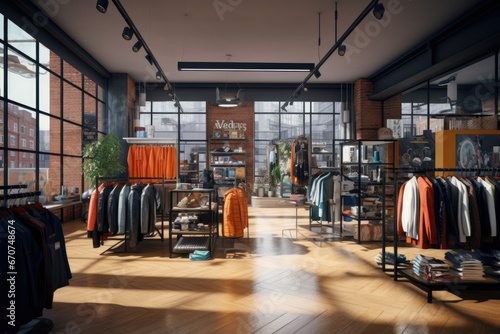 A vibrant clothing store filled with a wide variety of clothes. This image can be used to showcase the latest fashion trends or to illustrate the concept of retail shopping photo