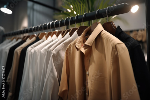 A row of shirts hanging on a rail. This versatile image can be used to depict fashion, clothing retail, laundry services, or organization photo