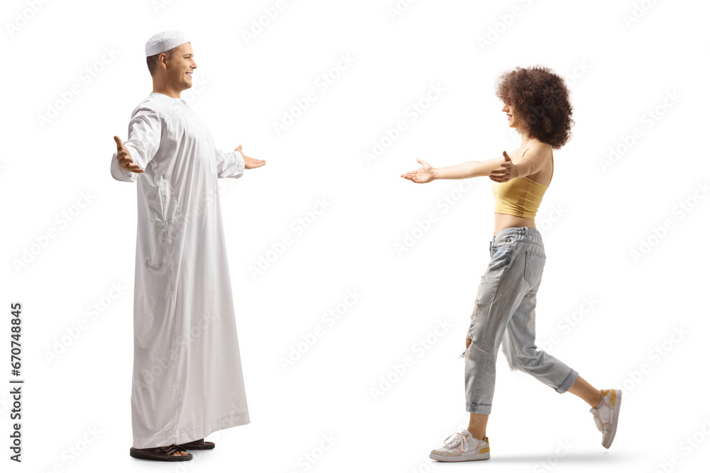 Muslim man meeting a young woman from different ethnicity Muslim man meeting a young woman from different ethnicity