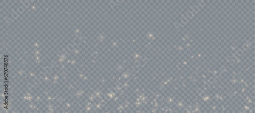 Gold dust light bokeh. Christmas glowing bokeh and glitter overlay texture for your design on a transparent background. Golden particles abstract vector background.	