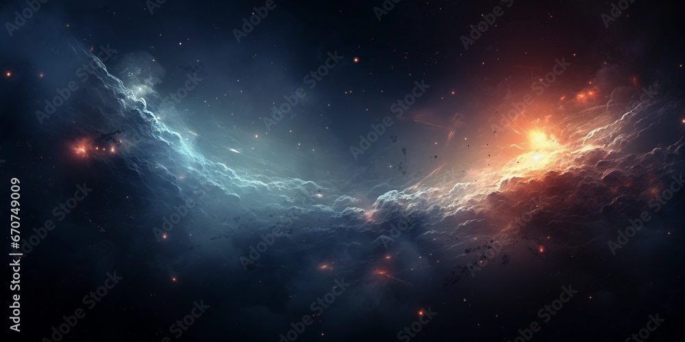 Abstract background of open space war between good and evil with stars blue and red or orange.