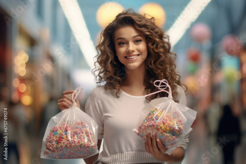 A woman is seen holding two bags of colorful sprinkles. This image can be used to depict baking, cake decorating, or festive celebrations