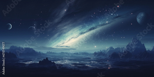 Galaxy aurora borealis over the mountains of planet in open space.