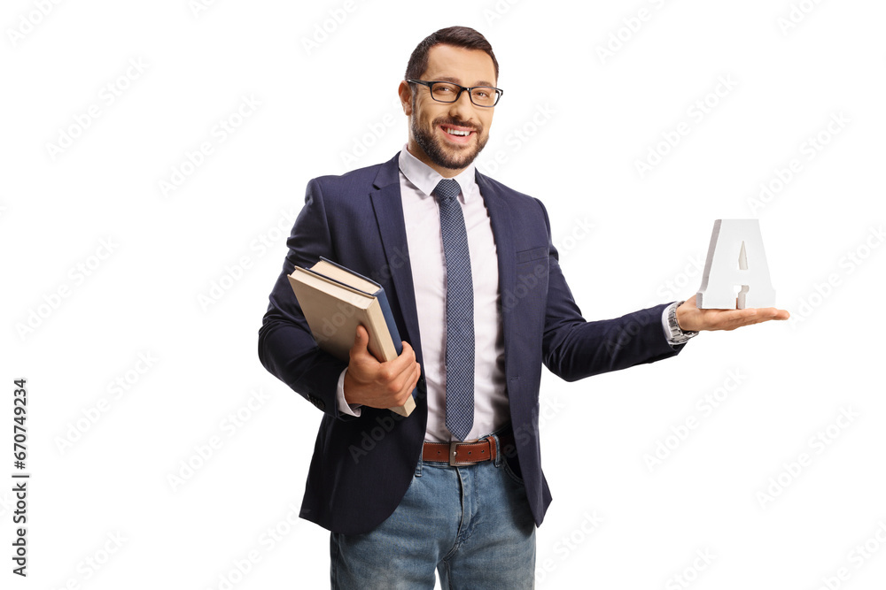 Young man with glasses holding books and the letter A Young man with glasses holding books and the letter A