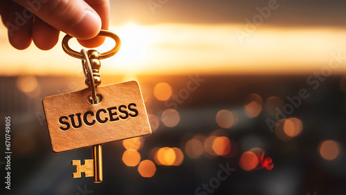 Fototapeta Hand handing over the key to success on a blurred golden background. AI Generated