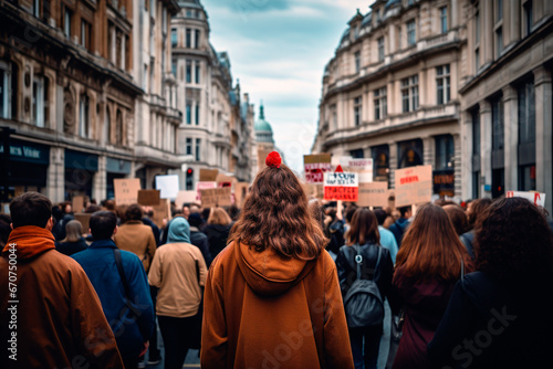 Protestors on the street holding blank cardboard banner sign. Global strike for change,