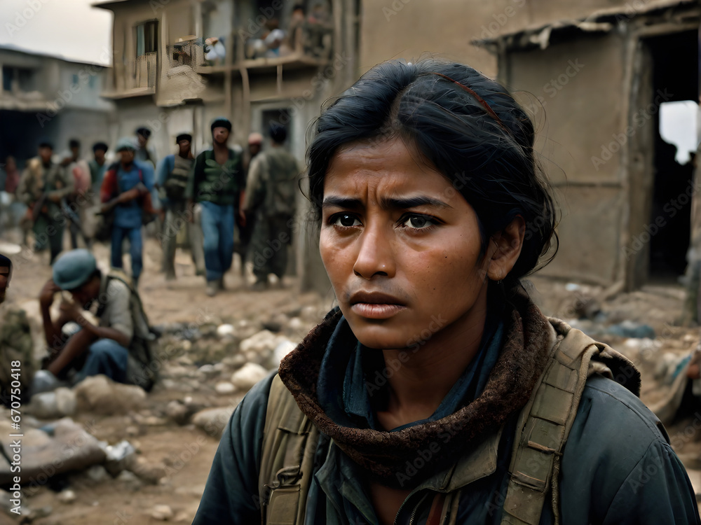 Innocent Refugee Boy in the Midst of Conflict: A Glimpse into the Horrors of War. generative AI Innocent Refugee Boy in the Midst of Conflict: A Glimpse into the Horrors of War. generative AI