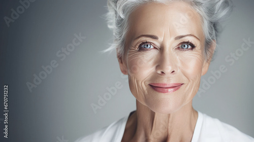 graceful senior woman, with silver hair, exudes joy - highlighting skincare and dental vibrancy