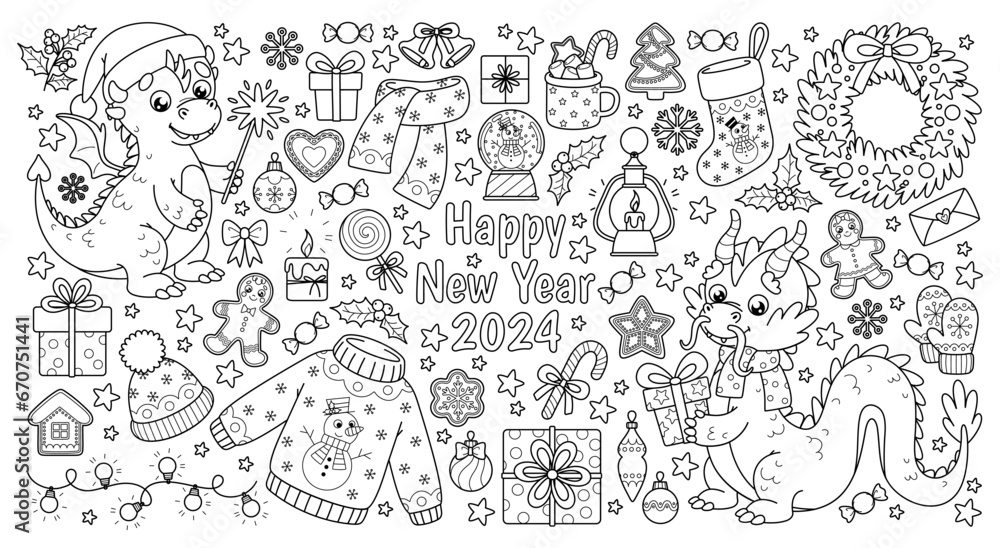 Outline set of Christmas elements and symbols Chinese New Year 2024 for holiday design. Cute Dragons, Xmas decorations and other. Vector contour cartoon illustrations perfect for kids coloring page.