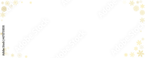 Christmas snowflakes corner background. Winter gold snow frame minimal decoration, greeting card. Noel subtle backdrop. Vector illustration