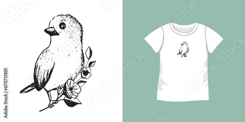T-shirt with bird pattern. Women jersey, sport uniform kit, short fashion top, round neck blouse. Sketch Illustration. Template mock up