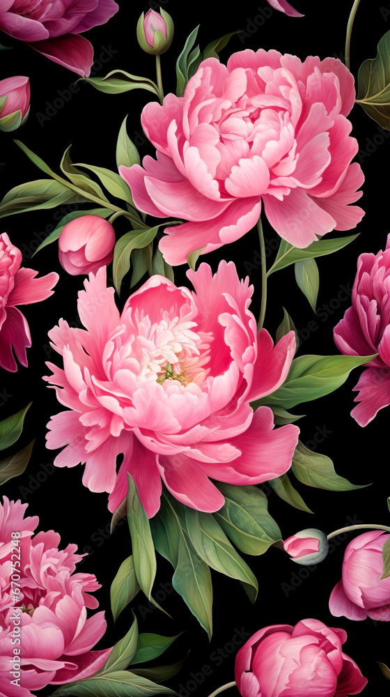 Pink peonies on a black background, watercolor illustration Pink peonies on a black background, watercolor illustration
