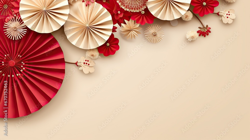 Red and gold paper fan Chinese decoration background for lunar new year concept