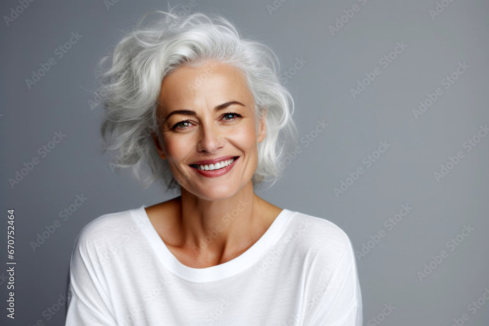 A Gorgeous Senior Model Woman in Her 50s with Graceful Grey Hair Radiates Happiness, Laughing and Smiling. A Close-Up Portrait Captures Her Healthy Face, Reflecting Skincare Cosmetics and Beauty. A Gorgeous Senior Model Woman in Her 50s with Graceful Grey Hair Radiates Happiness, Laughing and Smiling. A Close-Up Portrait Captures Her Healthy Face, Reflecting Skincare Cosmetics and Beauty.