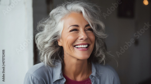 Radiant mature woman with wavy silver hair beams with delight in a cozy indoor setting. Her infectious smile and impeccable skin are a testament to her skincare regimen and beauty cosmetics. 