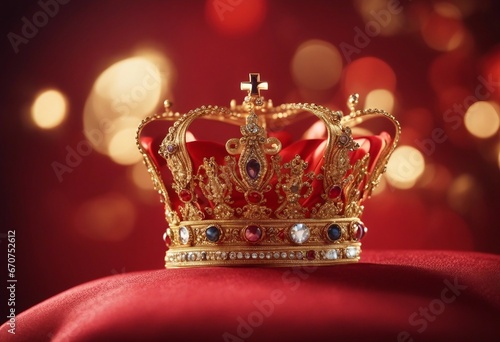 Illustration of Royal golden crown with jewels on golden pillow on red background Symbols of UK Uni