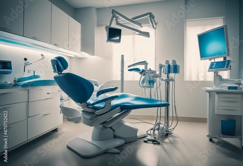 Modern Dental Clinic Dentist chair and other accessories used by dentists in blue medical light photo