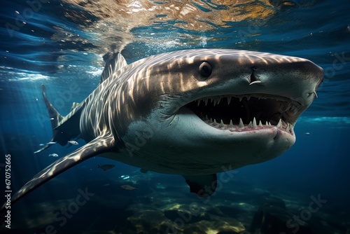Majestic shark gliding through the azure waters. © Hunman