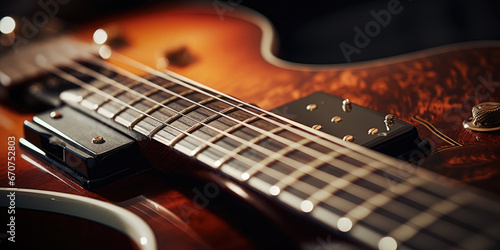 close up of the neck, strings and frets of a lead guitar being played in concert