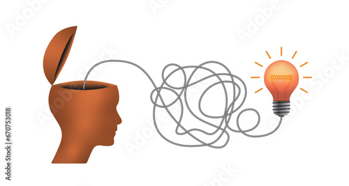 3d head, light bulb, haywire cable, business idea vector design. Business concept design to use in idea, brainstorm, learning, strategy, thinking, inspiration, teamwork projects. 