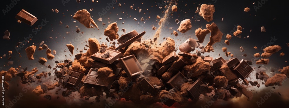 Chocolate bar piece explosion chunk candy broken isolated milk cocoa fly white background. Break bar chocolate fall air food chip snack dark piece dessert black ingredient burst parts cacao sweet. - obrazy, fototapety, plakaty 