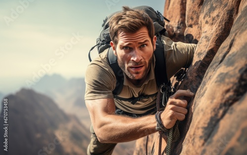 A rock climber scaling a challenging peak against a breathtaking natural backdrop