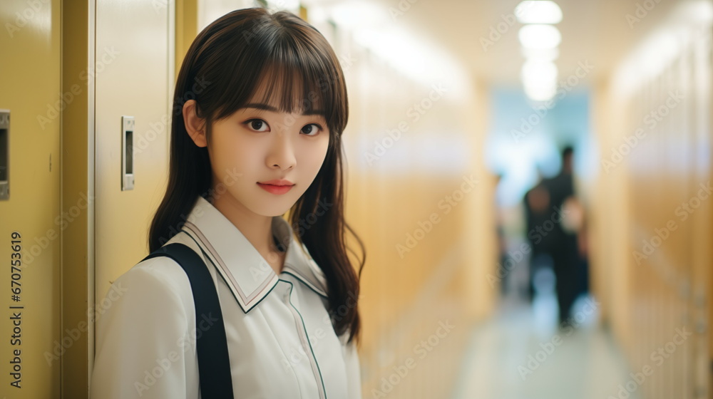 学校の廊下にたたずむ女子高生 学校の廊下にたたずむ女子高生