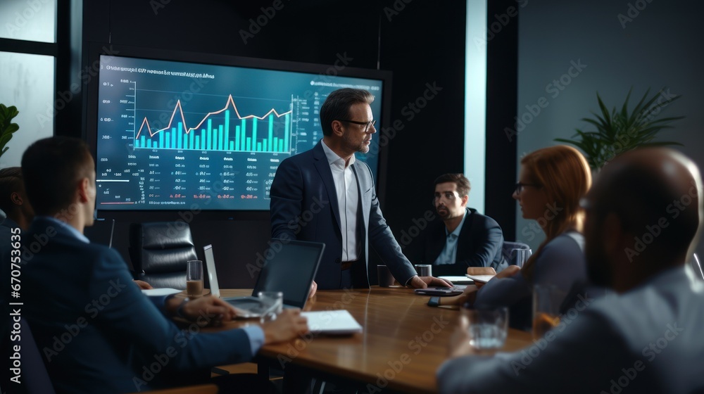 In a sleek conference room, a businessman wearing glasses and a crisp white shirt discusses charts displayed on a big screen to a diverse group. In a sleek conference room, a businessman wearing glasses and a crisp white shirt discusses charts displayed on a big screen to a diverse group.
