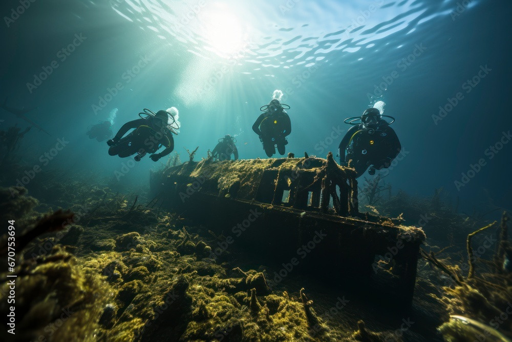 Group of divers exploring a shipwreck at twilight.
