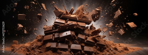 Chocolate bar piece explosion chunk candy broken isolated milk cocoa fly white background. Break bar chocolate fall air food chip snack dark piece dessert black ingredient burst parts cacao sweet.