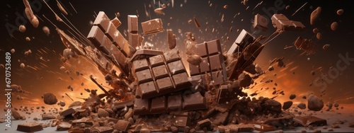 Chocolate bar piece explosion chunk candy broken isolated milk cocoa fly white background. Break bar chocolate fall air food chip snack dark piece dessert black ingredient burst parts cacao sweet. photo