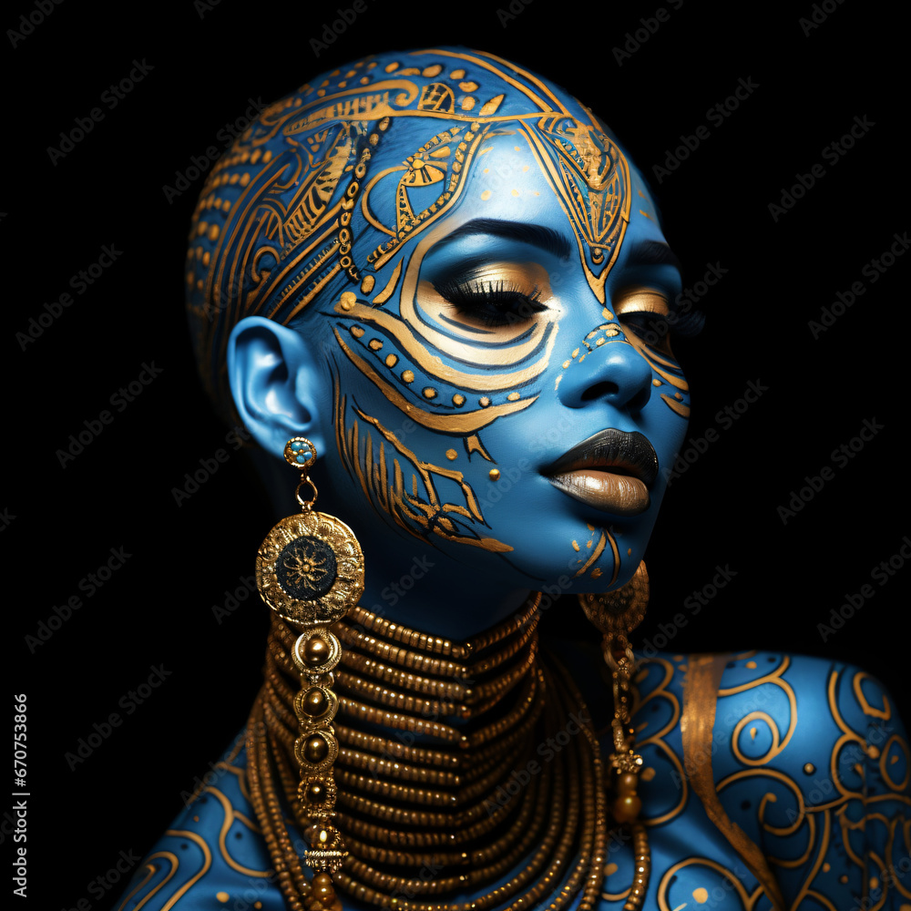 black tribal woman with with blue and gold ornaments