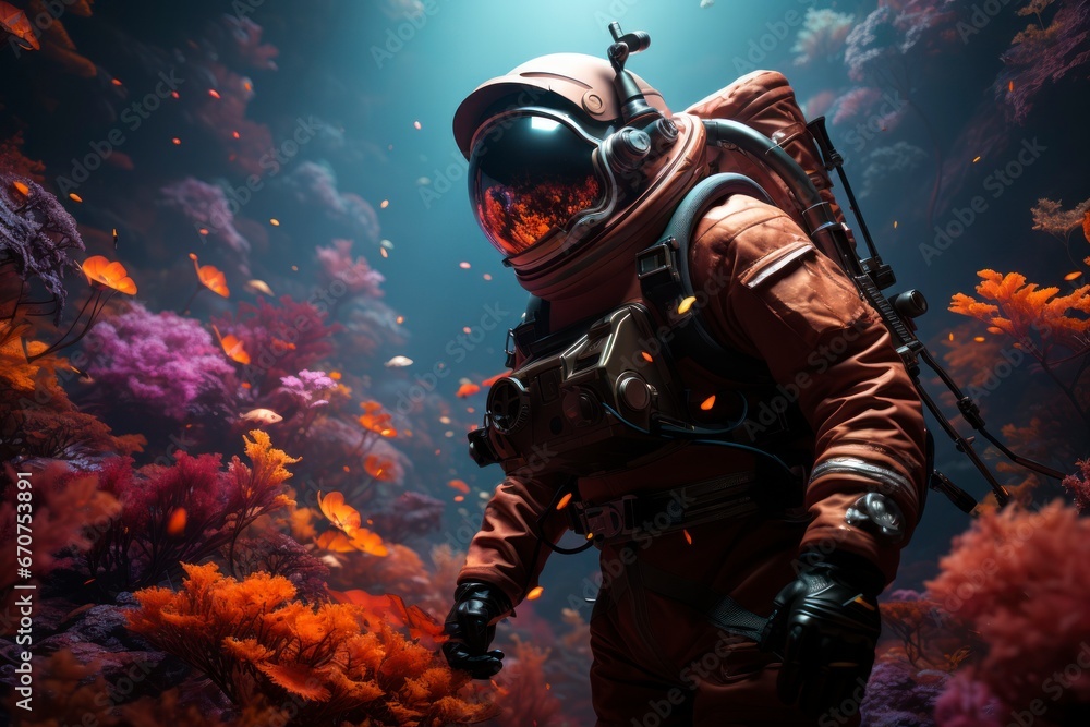 Naklejka premium A marine biologist in a diving suit conducting research on a vibrant coral reef.
