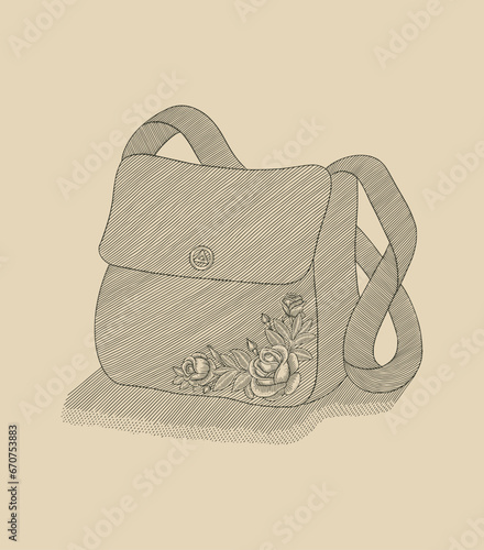 Handbag with rose flower motif, vintage engaving drawing style illustration photo