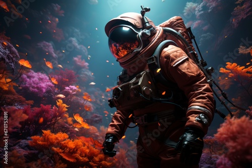 A marine biologist in a diving suit conducting research on a vibrant coral reef.